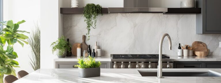 Moderne Küchenrückwand in Marmoroptik hinter einem Gasherd